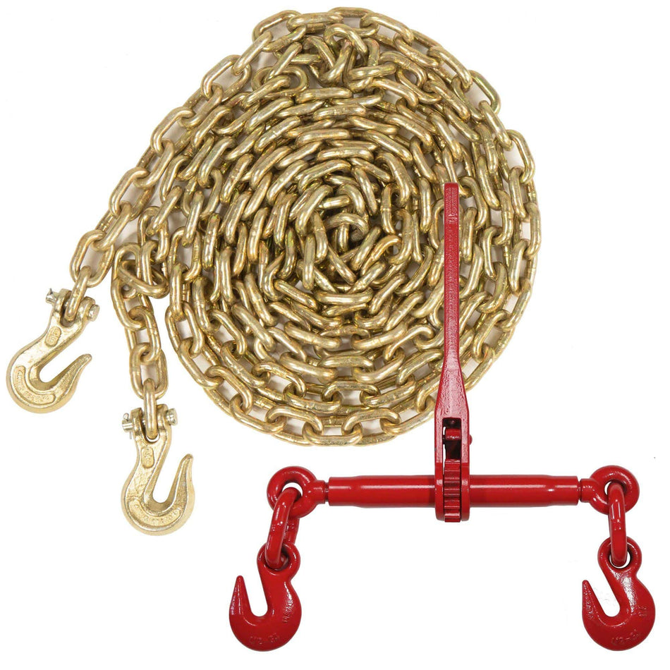 A complete US Cargo Control heavy-duty flatbed tie-down kit including a coiled 3/8 inch by 20 foot Grade 70 transport chain and a ratchet load binder, both featuring distinct gold and red branding.