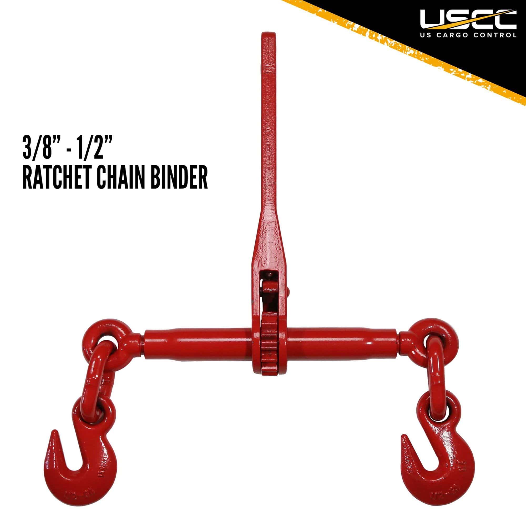 A coiled section of the 3/8 inch Grade 70 transport chain, featuring clevis grab hooks on both ends and the iconic gold chromate finish for easy identification.