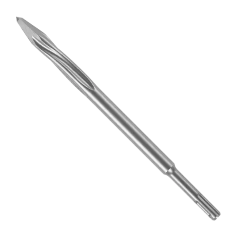  A long, solid metal rod. At one end, it tapers to a very sharp, pointed tip. As you move down the rod, you'll feel several long, shallow grooves running along its length. The other end of the rod has a distinct, somewhat complex shape with ridges and indentations – this is the SDS-Plus shank, designed to lock securely into a rotary hammer. This tool is used with a hammer drill to concentrate force on a small point, making it effective for breaking through concrete, brick, or other hard materials.