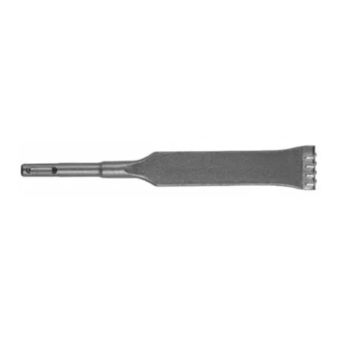  A long, solid metal bar. At one end, it widens into a flat blade that has several short, tooth-like projections along its edge. This blade feels rough and textured. The rest of the bar is narrower and has a distinct, multi-sided shape, designed to fit into a power tool. This tool is used to remove grout or other material from between tiles or bricks.