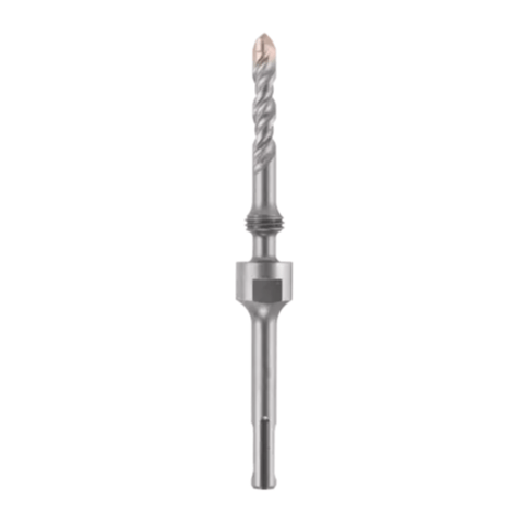 image of 7" extension bit. This image shows a metallic gray drill bit with a two-part design. The top section is a narrower, spiraled drill bit with a copper-colored tip, while the bottom section is a thicker, smooth cylindrical shank with an elongated slot and a flat side.