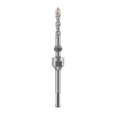 image of 7" extension bit. This image shows a metallic gray drill bit with a two-part design. The top section is a narrower, spiraled drill bit with a copper-colored tip, while the bottom section is a thicker, smooth cylindrical shank with an elongated slot and a flat side.