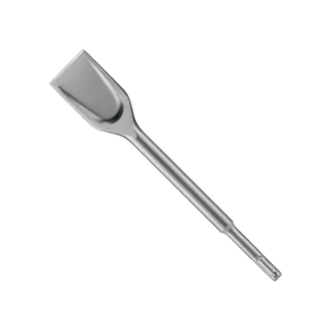 Image of wide chisel. 
This is a Bosch SDS-plus flat chisel bit, featuring a wide, flat, and angled cutting edge at one end. The rest of the tool is a slender, polished silver shaft that tapers down to an SDS-plus shank for insertion into a rotary hammer.