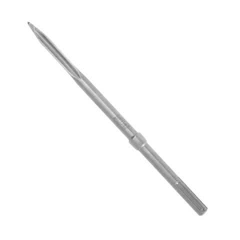 Image of 16" star point chisel. This is a clear image of a long, metallic gray chisel bit, tapering to a sharp point at one end and featuring a fluted, wider shank at the other. The surface of the bit is smooth and reflects light, suggesting a polished or machined finish.