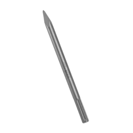image of 12" bull point bit. An angled shot of a long, metallic chisel bit is shown. The bit is pointed at the top and has a grooved shank at the bottom.