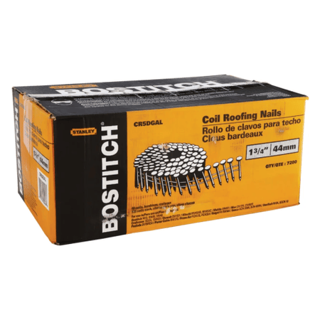 Image of packaging. This is an image of a brown cardboard box of Bostitch coil roofing nails, specifically the CR5DGAL model, which are 1-3/4 inches (44mm) long. The box features the "BOSTITCH" logo prominently on the side, and a graphic of a coil of nails along with text indicating the product type and quantity of 7200 nails.