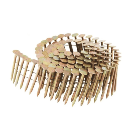 Image of coil roofing nails. This close-up image shows a large coil of galvanized roofing nails, tightly wound and ready for use in a coil roofing nailer. The nails have a distinctive gold-colored coating, and they are held together by thin black wires, forming a continuous spiral.