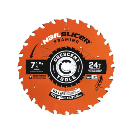 Image of Crescent 7-1/4" x 24T NailSlicer™ Framing Circular Saw Blade. The image shows an orange Crescent NailSlicer Framing circular saw blade. The blade has the text "NailSlicer Framing" and "Crescent Tools" printed on it, along with specifications like "7 1/4" and "24T."
