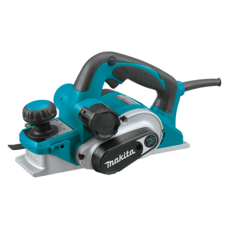 The image shows a Makita KP0810 3-1/4" Planer. It has a teal and silver body with black handles and adjustment knobs. The Makita logo is visible on the side of the motor housing.