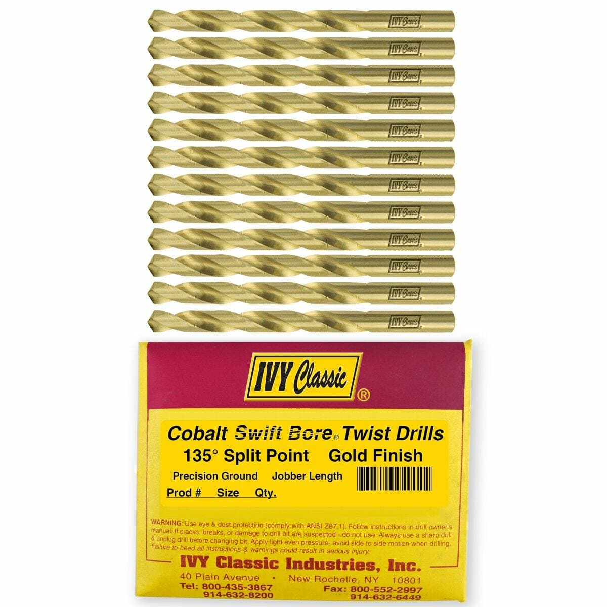 Twelve gold-finished Cobalt Steel drill bits laid out above the red and yellow IVY Classic packaging, which specifies the 135-degree split point and jobber length.