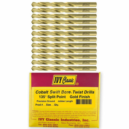Twelve gold-finished Cobalt Steel drill bits laid out above the red and yellow IVY Classic packaging, which specifies the 135-degree split point and jobber length.