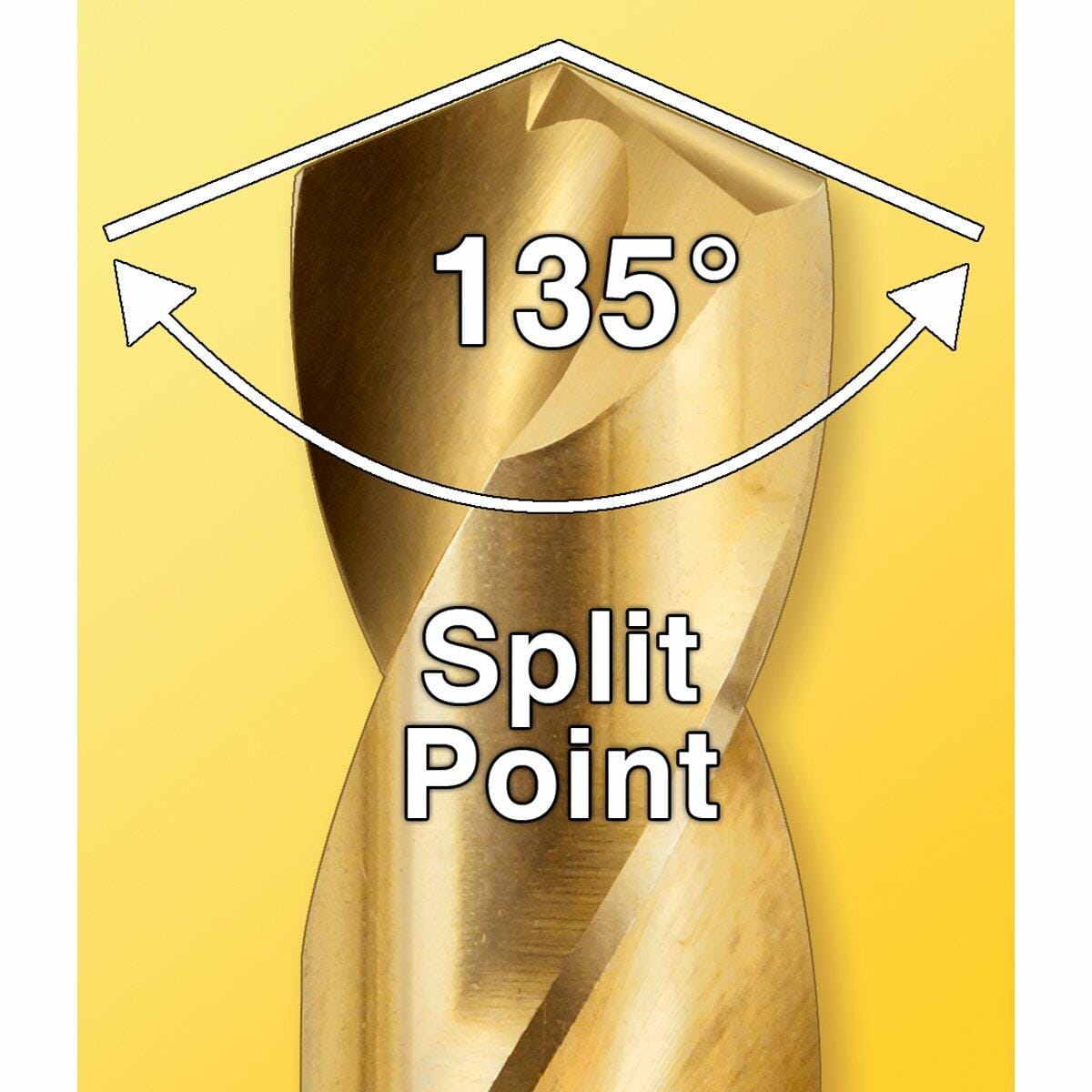 A magnified view of the gold-finished drill bit tip, highlighting the 135-degree angle and the split point design for fast starts.