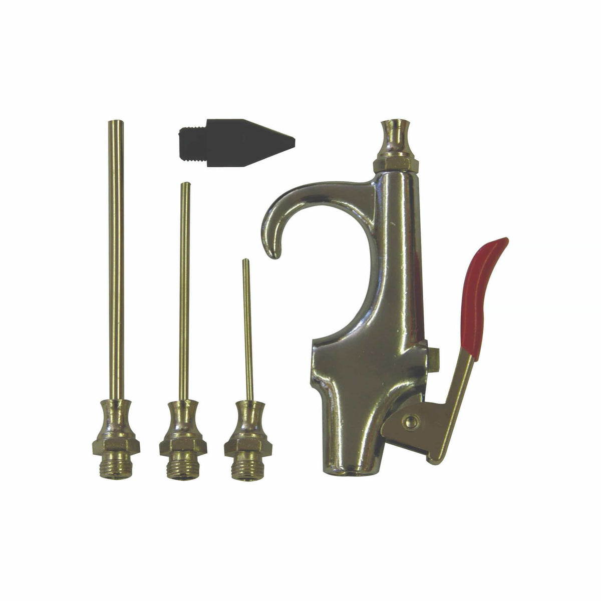 Valley ATABG-004 5-piece pneumatic air blow gun kit components displayed flat on a white background. The set includes a chrome-plated steel blow gun body with a red-coated thumb lever trigger, three threaded steel needle extension tips measuring 2 inches, 3 inches, and 4 inches, and one threaded black rubber safety nozzle tip for dust clearing.