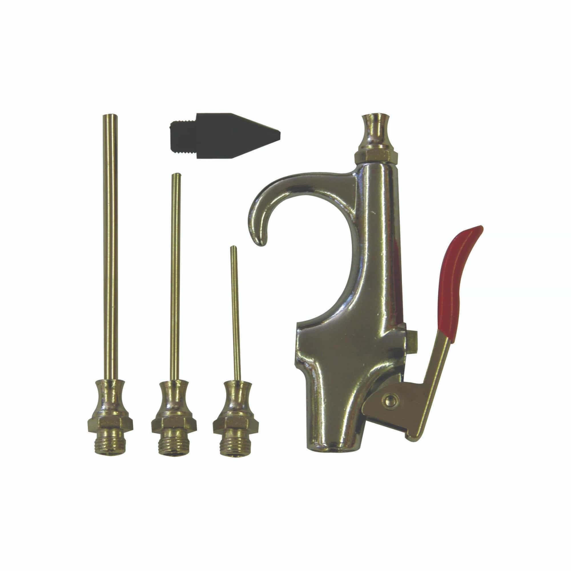 Valley ATABG-004 5-piece pneumatic air blow gun kit components displayed flat on a white background. The set includes a chrome-plated steel blow gun body with a red-coated thumb lever trigger, three threaded steel needle extension tips measuring 2 inches, 3 inches, and 4 inches, and one threaded black rubber safety nozzle tip for dust clearing.