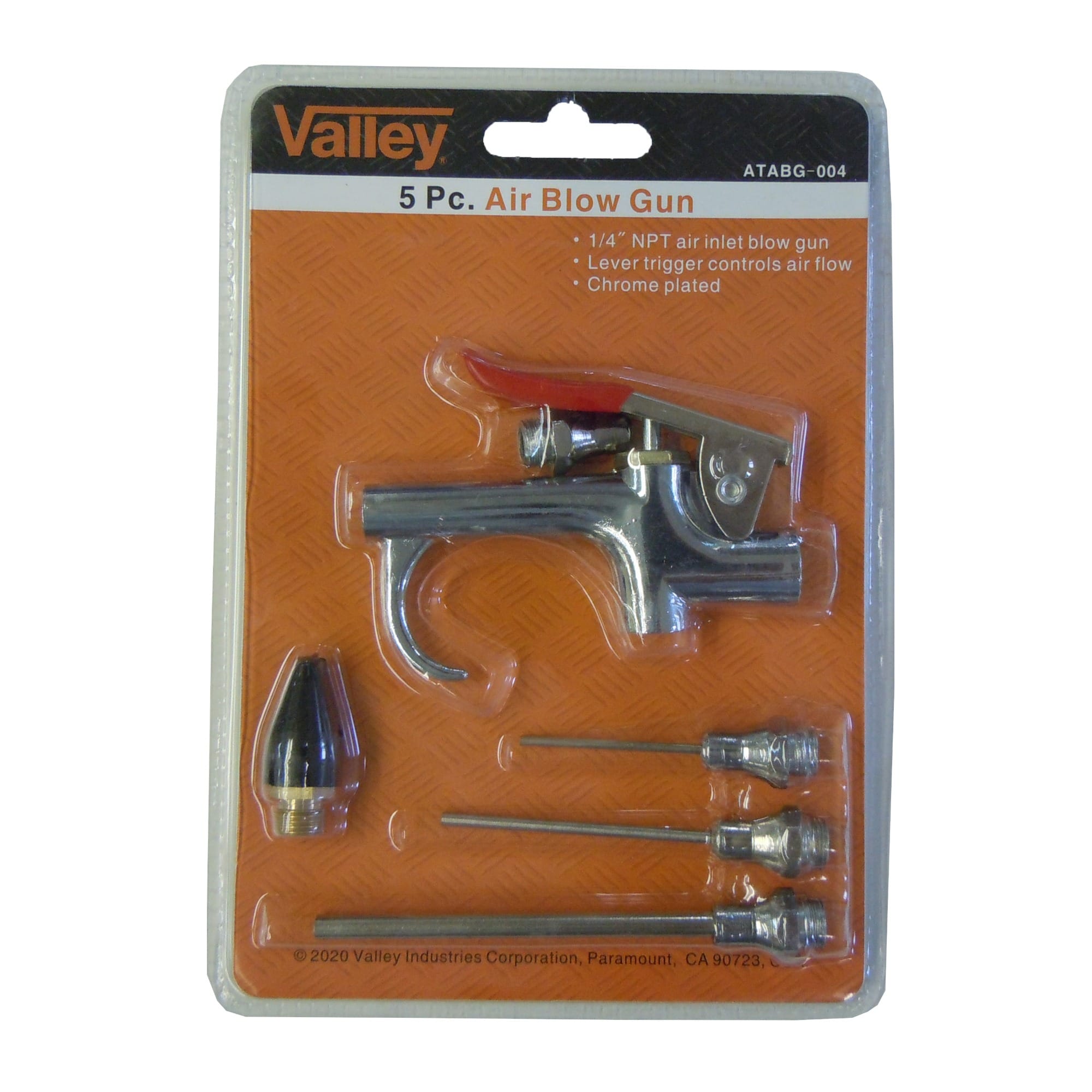 Retail blister pack packaging for the Valley ATABG-004 5-Piece Air Blow Gun Kit. The orange and black card features the Valley brand name, the product title, and key features including a 1/4 inch NPT air inlet, lever trigger, and chrome plating. Visible inside the transparent plastic cover are the chrome-plated blow gun, a black rubber tip, and three steel needle nozzles.