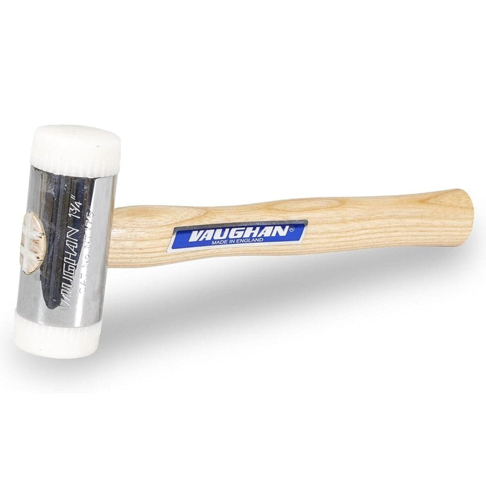 A close-up studio shot of the Vaughan Nt175 nylon-faced hammer, showing the chrome head, white nylon tips, and hickory handle with the Vaughan logo.