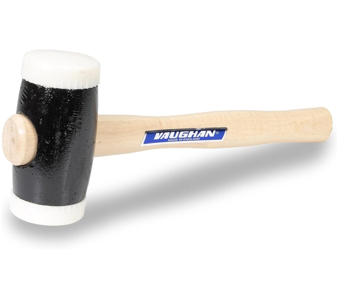 A close-up studio shot of the Vaughan NT250 hammer head, showing the white nylon faces and the Vaughan logo on the hickory handle.