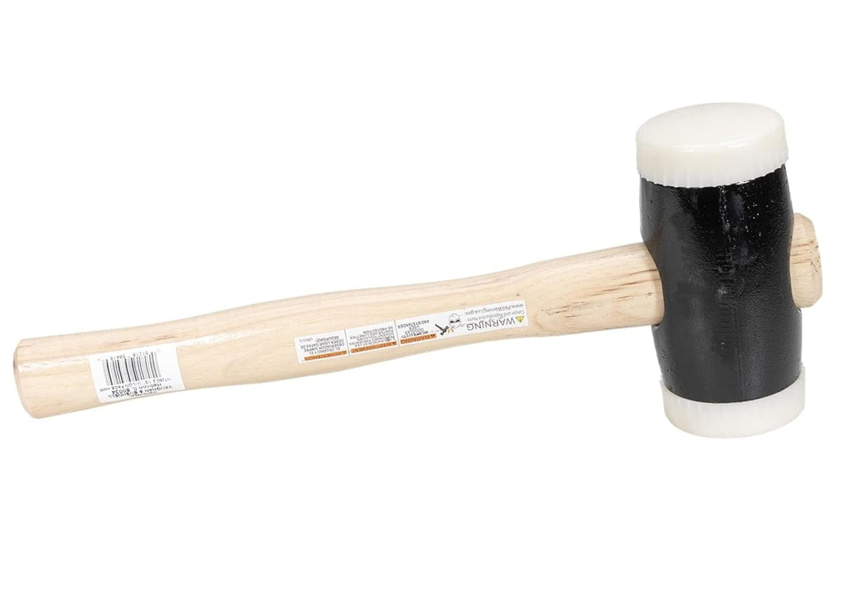 A full-length studio shot of the Vaughan NT250 nylon face hammer, showing the hickory handle with its UPC and warning stickers.