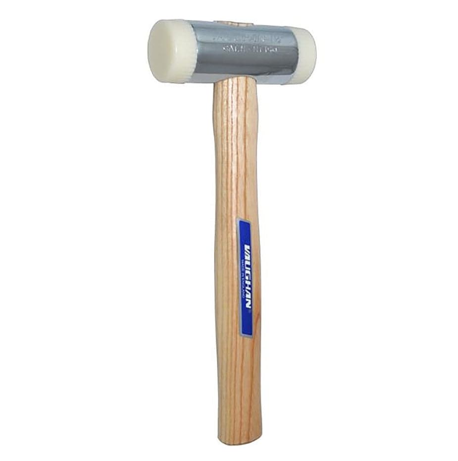A studio photograph of the Vaughan 58414 nylon face hammer shown vertically, featuring a chrome-plated head with two white striking faces and a natural-finish American Hickory wood handle.