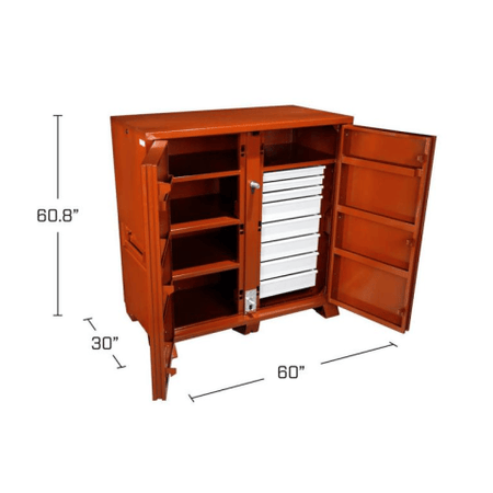 Dimensions. This is a product shot of an open orange metal cabinet with a door on each side, against a white background. The cabinet has shelves on the left side, white drawers on the right, and dimension labels showing its size.