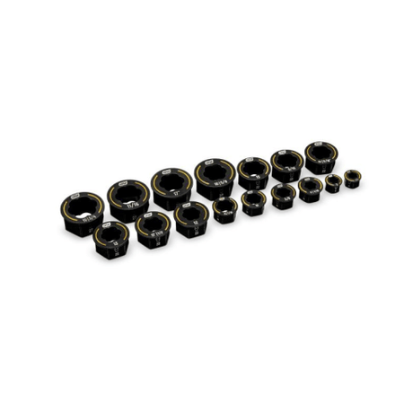 Image of 16 Piece Bolt Biter SAE/Metric Wrench Insert Set. This image shows a collection of 16 black and yellow lug nut extractors, varying in size and arranged in rows. Each extractor has a unique, irregular interior shape designed to grip stripped or rounded fasteners, with yellow accents on the top rim and white size markings on the side.