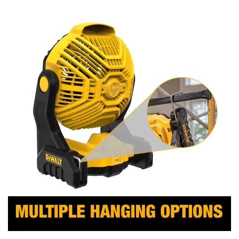 Multiple hanging options. The image shows a yellow and black Dewalt jobsite fan with a round, caged fan head and a sturdy black base. An inset image demonstrates one of its "multiple hanging options" by showing the fan suspended from a horizontal bar using a built-in hook.