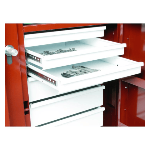 Close up of drawers. This is a close-up shot of the inside of a red metal cabinet with several white drawers, some of which are partially extended. The drawers appear to contain tools or utensils, and a silver knob is visible on the left side.