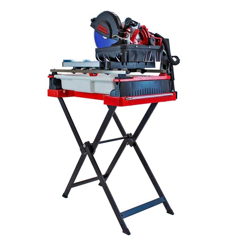 Studio view of the Virginia Abrasives 10-inch wet tile saw mounted on a black folding stand, featuring a red water tray, sliding cutting table, and 1.5 HP induction motor assembly.