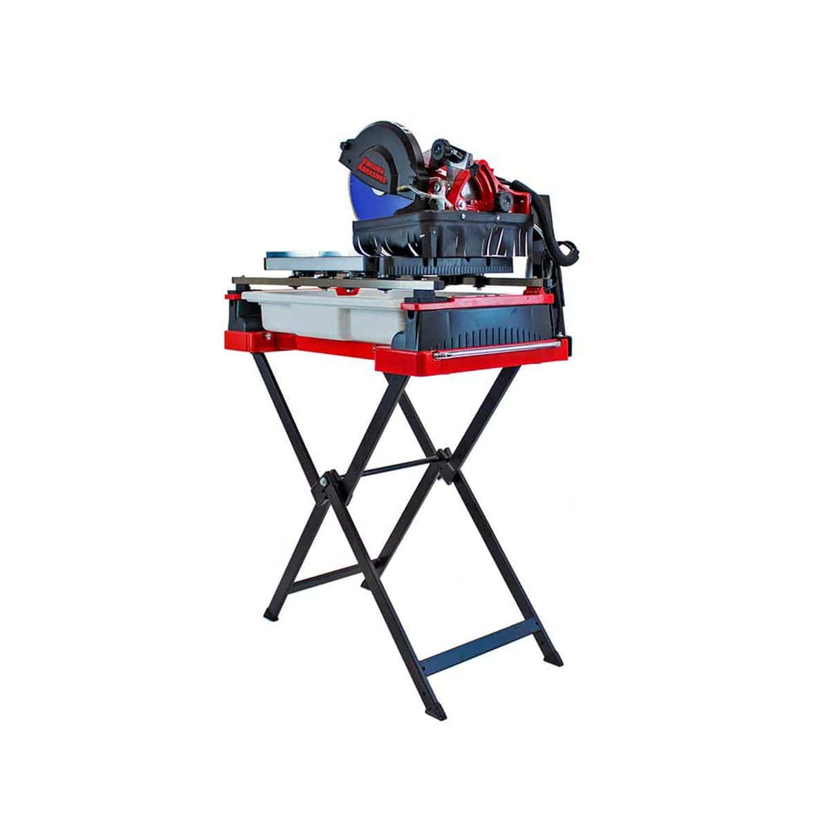 Studio view of the Virginia Abrasives 10-inch wet tile saw mounted on a black folding stand, featuring a red water tray, sliding cutting table, and 1.5 HP induction motor assembly.