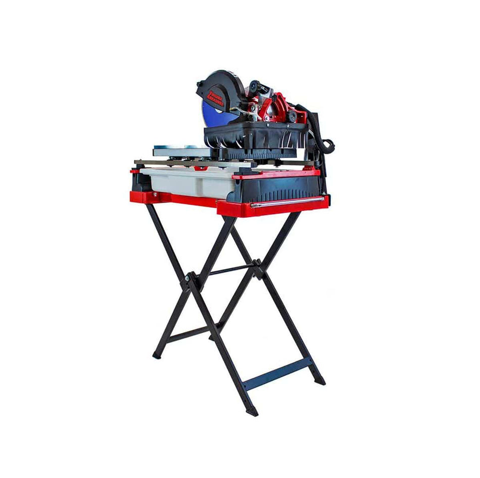 Studio view of the Virginia Abrasives 10-inch wet tile saw mounted on a black folding stand, featuring a red water tray, sliding cutting table, and 1.5 HP induction motor assembly.