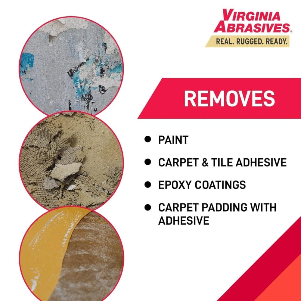 Promotional graphic showing materials removed by abrasive disc: paint, carpet and tile adhesive, epoxy coatings, and carpet padding.