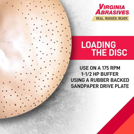 Close-up of perforated abrasive disc with Virginia Abrasives branding and loading instructions for buffer compatibility