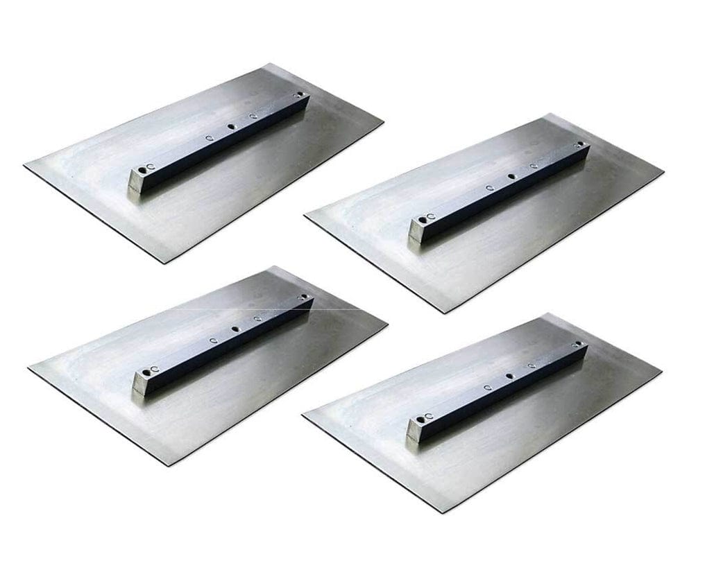 Studio view of a set of four rectangular silver steel power trowel finish blades arranged in a grid.