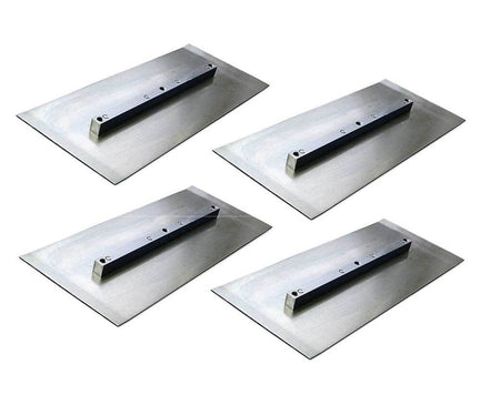 Studio view of a set of four rectangular silver steel power trowel finish blades arranged in a grid.