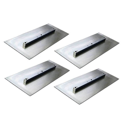 Studio view of a set of four rectangular silver steel power trowel finish blades arranged in a grid.