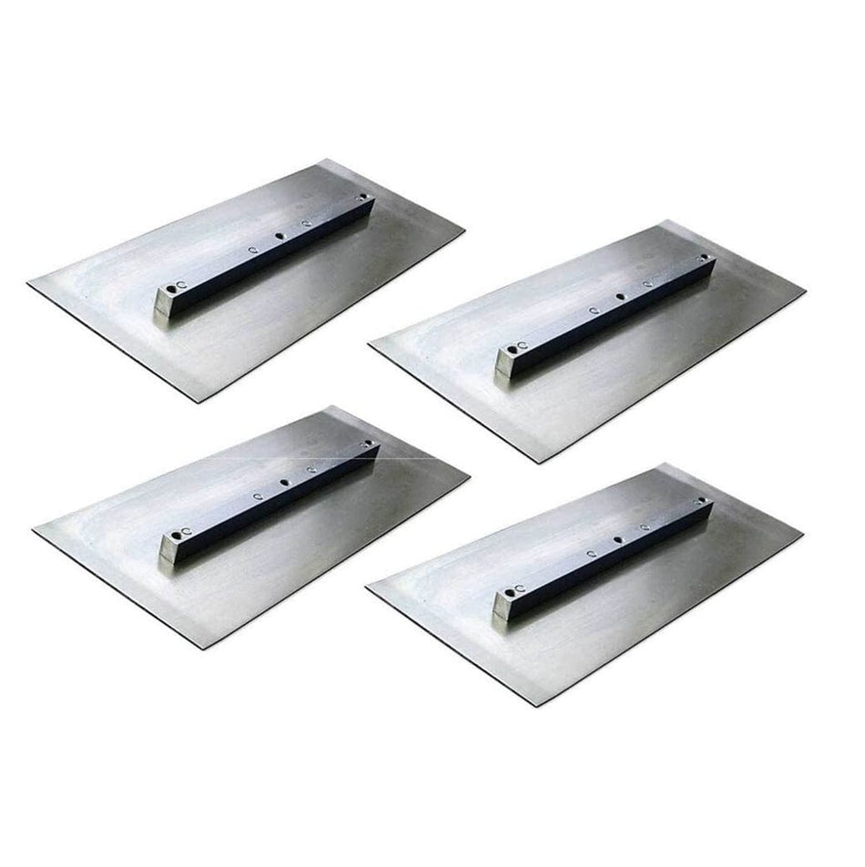 Studio view of a set of four rectangular silver steel power trowel finish blades arranged in a grid.