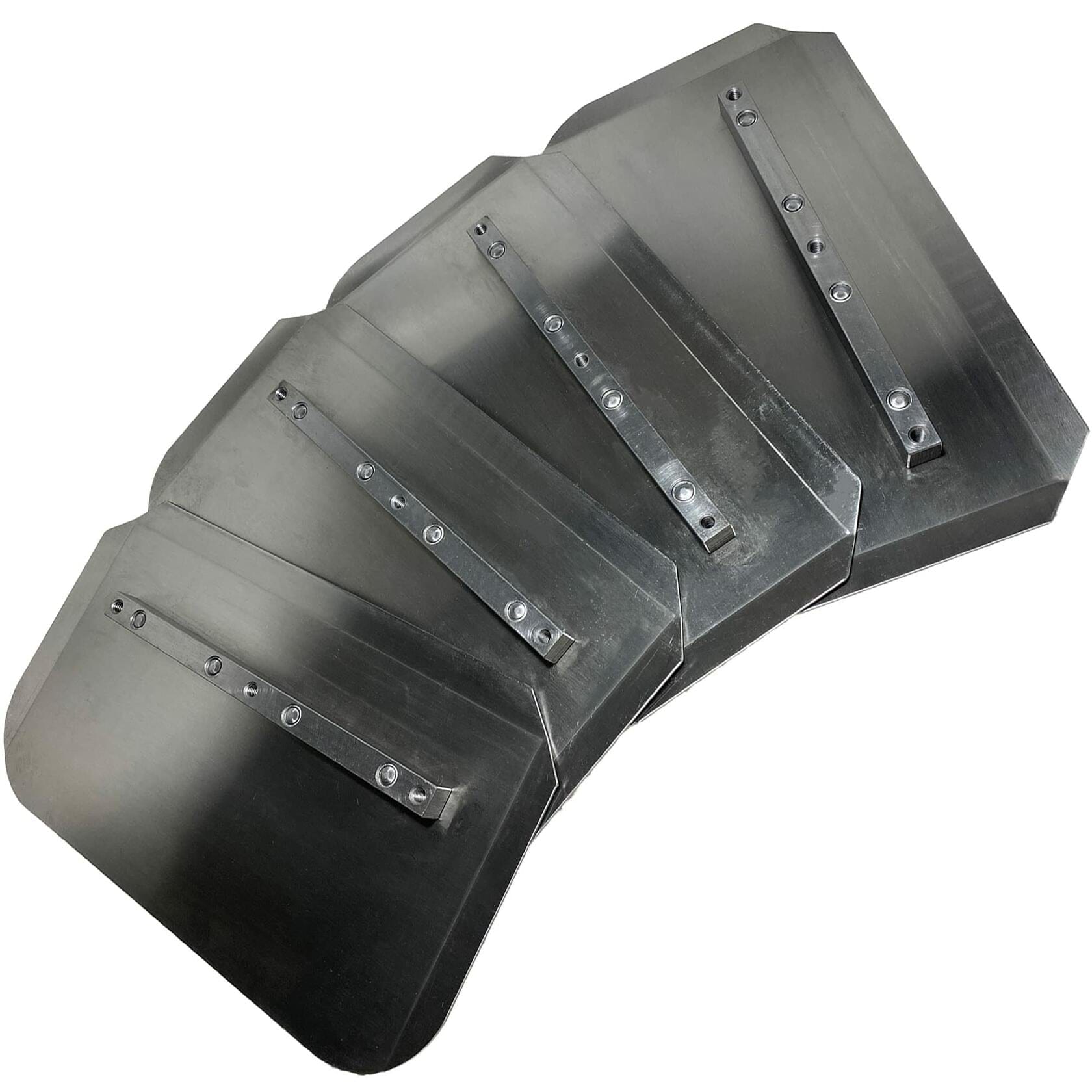 A set of four Virginia Abrasives power trowel blades fanned out to show their steel construction and bolt-on mounting bars