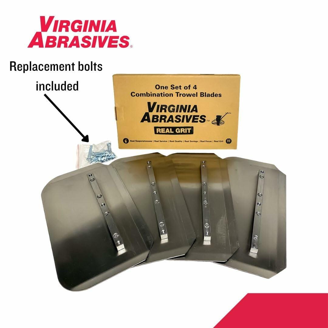 Virginia Abrasives Professional Power Trowel Blades 8x14 Inch Combination Set of 4 with replacement bolts included