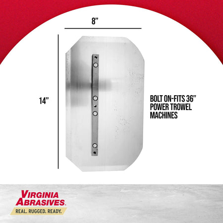 An infographic showing a single power trowel blade with dimension callouts indicating it is 14 inches long and 8 inches wide, and fits 36-inch power trowel machines.