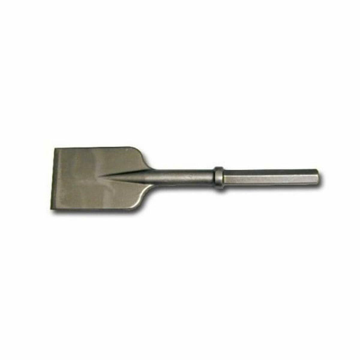 A 5-inch wide asphalt cutter demolition accessory with a flat blade and a 1-1/8 inch hex shank for hammer use.
