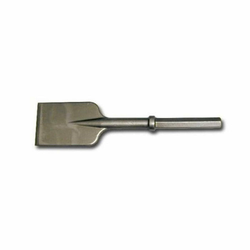 A 5-inch wide asphalt cutter demolition accessory with a flat blade and a 1-1/8 inch hex shank for hammer use.