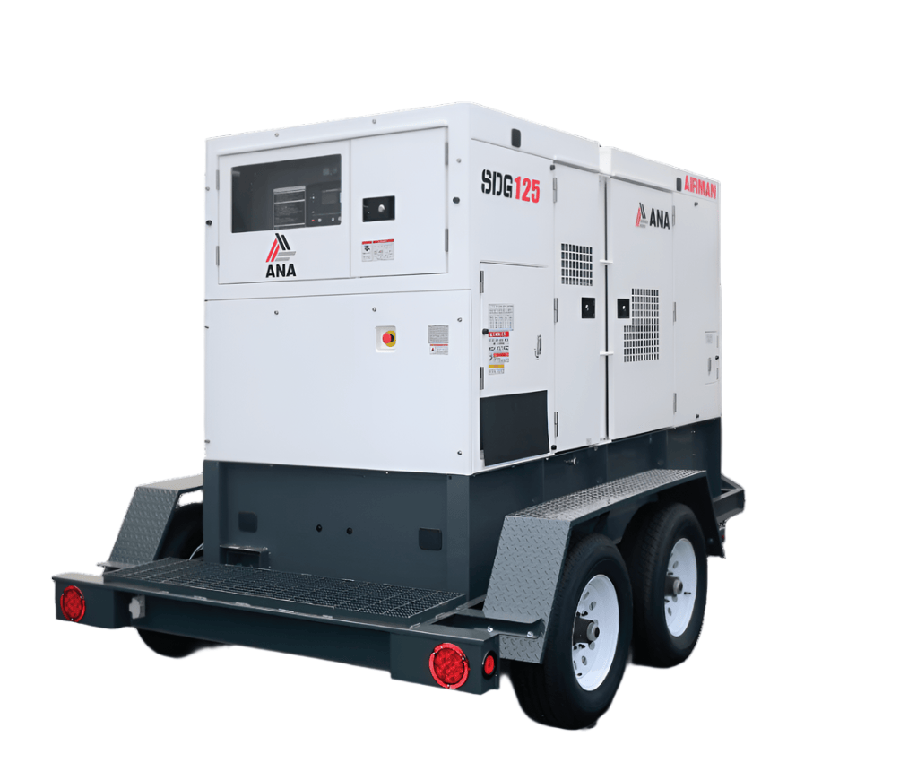 The image shows an Airman SDG125S mobile generator. This is a 125 kVA prime power generator designed for reliable performance and extended power in various applications. 