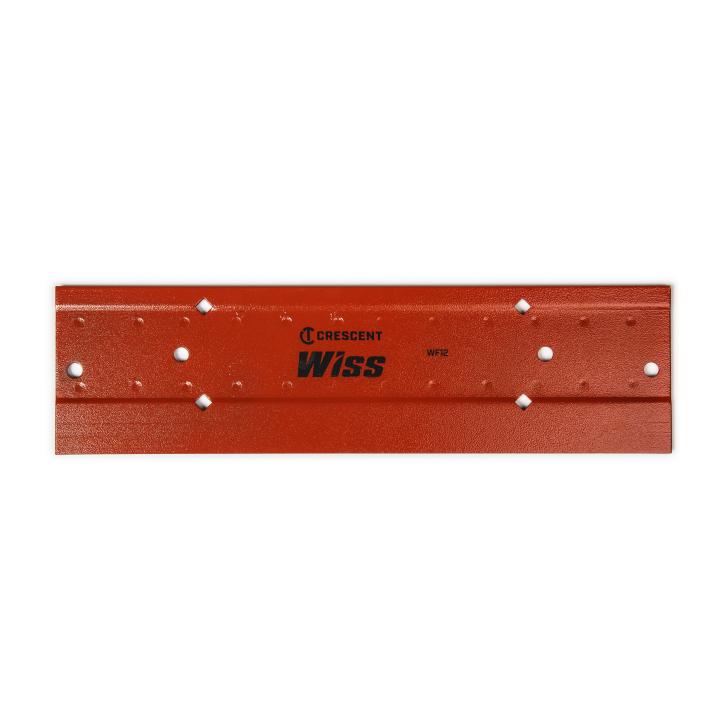 Imagine feeling a flat, rectangular piece of metal with a slightly rough texture and several evenly spaced holes along its length.  The words "Crescent" and "Wiss" are printed in raised letters in the center of the metal.


