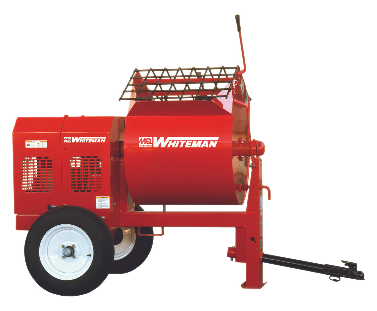 A red Whiteman portable concrete mixer with a two-wheel trailer design, featuring a large mixing drum, engine compartment, rear wheels, and a front hitch.