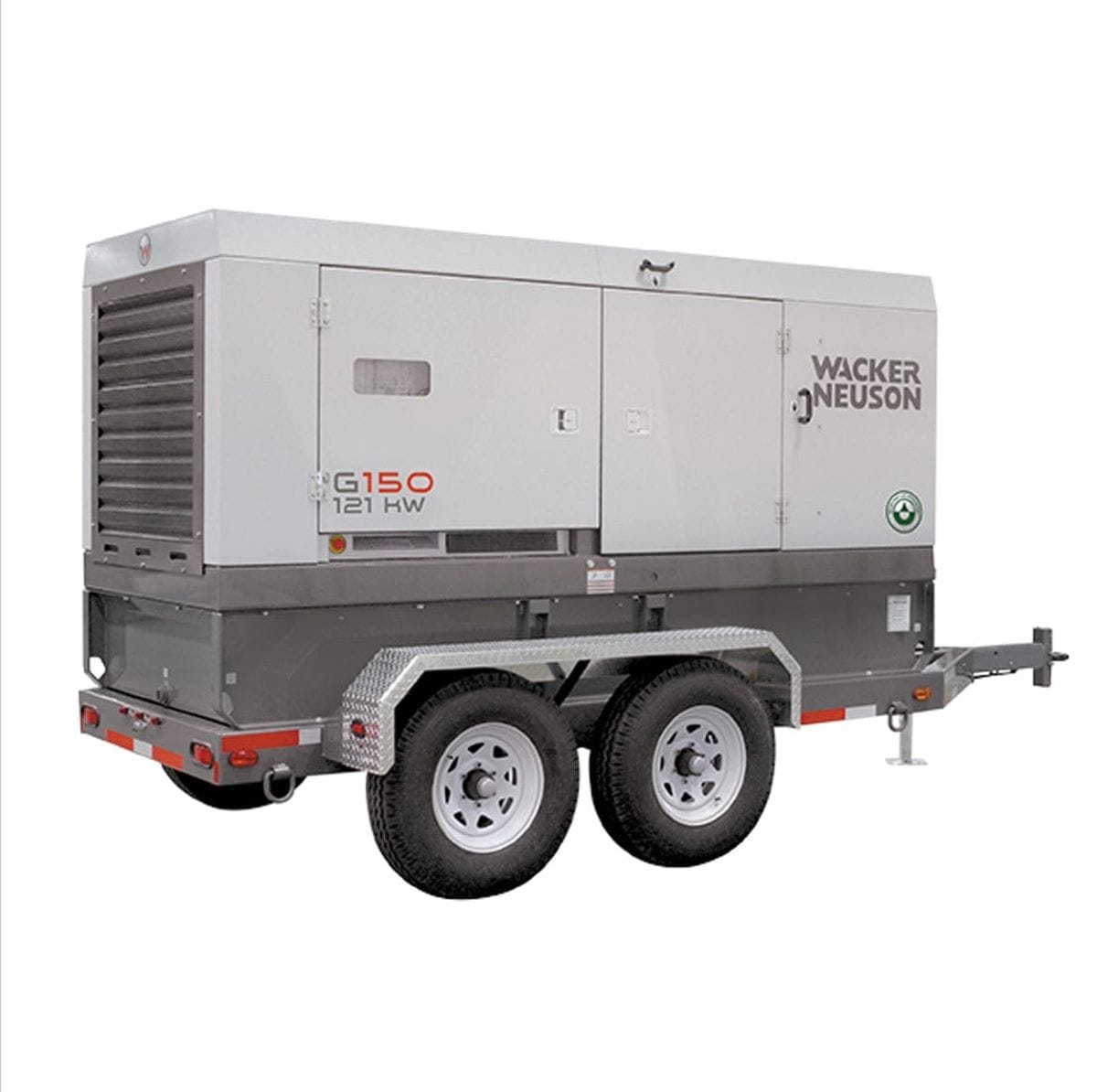 Wacker Neuson G150 mobile generator. You can clearly see the "WACKER NEUSON" branding and the "G150" model designation on the side. It's a substantial, enclosed generator mounted on a tandem-axle trailer, similar in style to the Airman generator we just discussed. These are powerful and portable units often used on construction sites, for events, or as backup power in various locations, including around Tomball. The "121 HW" likely refers to its power output and specific configuration. 
