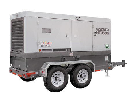 Wacker Neuson G150 mobile generator. You can clearly see the "WACKER NEUSON" branding and the "G150" model designation on the side. It's a substantial, enclosed generator mounted on a tandem-axle trailer, similar in style to the Airman generator we just discussed. These are powerful and portable units often used on construction sites, for events, or as backup power in various locations, including around Tomball. The "121 HW" likely refers to its power output and specific configuration. What are you interest