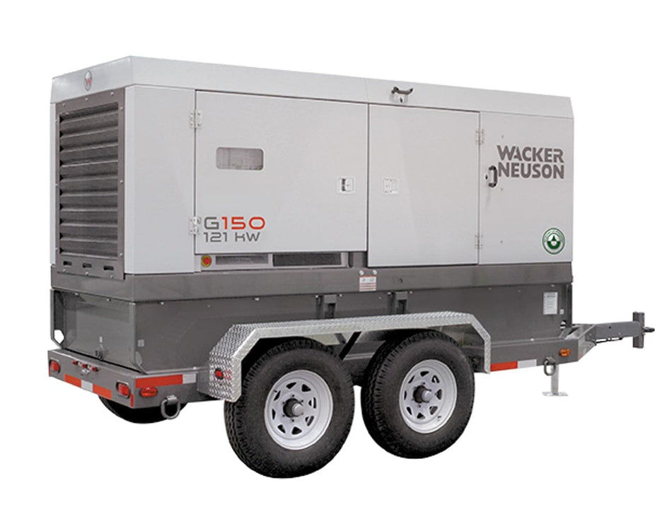 Wacker Neuson G150 mobile generator. You can clearly see the "WACKER NEUSON" branding and the "G150" model designation on the side. It's a substantial, enclosed generator mounted on a tandem-axle trailer, similar in style to the Airman generator we just discussed. These are powerful and portable units often used on construction sites, for events, or as backup power in various locations, including around Tomball. The "121 HW" likely refers to its power output and specific configuration. What are you interest
