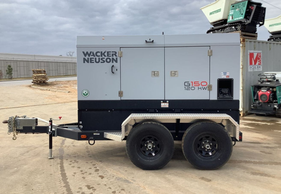 Full side profile of the Wacker Neuson G150 generator mounted on a dual-axle trailer with diamond plate fenders and clear model branding.