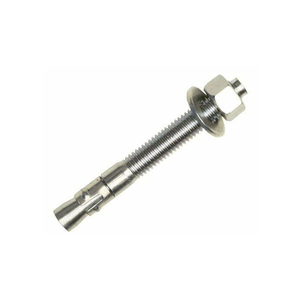 The image shows a shiny metallic wedge anchor, a type of fastener used to secure objects to concrete or masonry. It consists of a threaded bolt with a cone-shaped expansion clip at one end, and a washer and nut at the other, suggesting it's ready for installation.