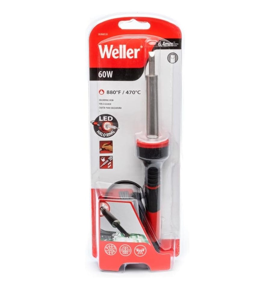 Packaged Weller 60W soldering iron with LED Halo Ring and 4.4mm tip, displayed in retail blister pack.